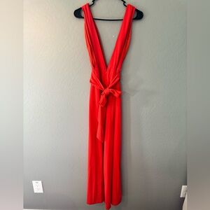 Forever 21 Bright Orange Sleeveless V-Neck Jumpsuit with Waist Tie